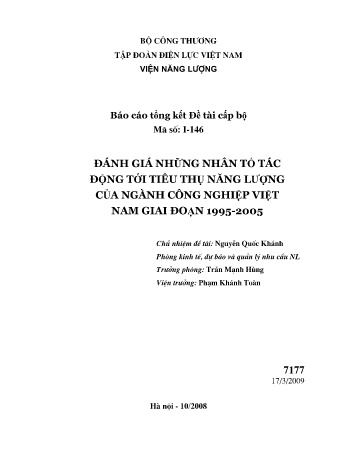 Báo cáo Đánh giá những nhân tố tác động tới tiêu thụ năng lượng của ngành công nghiệp Việt Nam giai đoạn 1995-2005