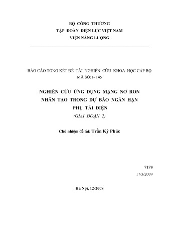 Báo cáo Nghiên cứu ứng dụng mạng nơron nhân tạo trong dự báo ngắn hạn phụ tải điện (Giai đoạn 2)