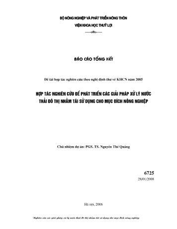 Đề tài Hợp tác nghiên cứu để phát triển các giải pháp xử lý nước thải đô thị nhằm tái sử dụng cho mục địch nông nghiệp