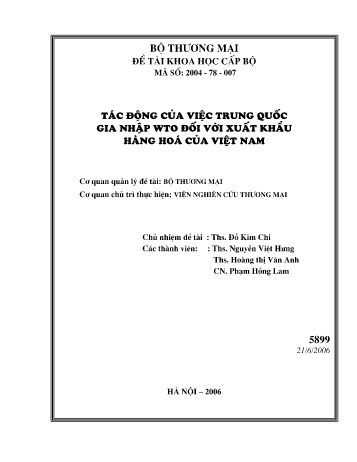 Đề tài Tác động của việc Trung Quốc gia nhập WTO đối với xuất khẩu hàng hoá của Việt Nam