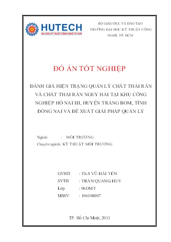 Đồ án Đánh giá hiện trạng quản lý chất thải rắn và chất thải rắn nguy hải tại Khu công nghiệp Hố Nai III, huyện Trảng Bom, tỉnh Đồng Nai và đề xuất giải pháp quản lý