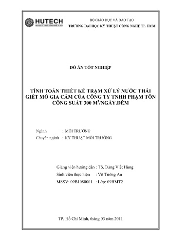 Đồ án Tính toán thiết kế trạm xử lý nước thải giết mổ gia cầm của Công ty TNHH Phạm Tôn công suất 300m³/ngày đêm