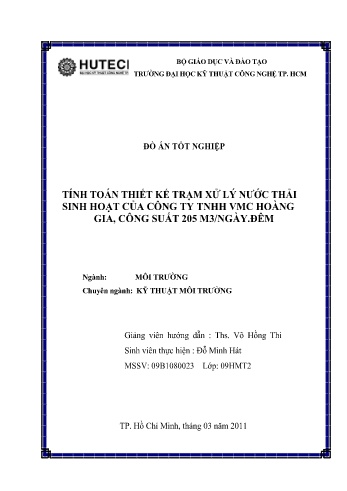 Đồ án Tính toán thiết kế trạm xử lý nước thải sinh hoạt của Công ty TNHH VMC Hoàng Gia, công suất 205 m³/ngày đêm