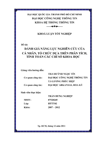 Khóa luận Đánh giá năng lực nghiên cứu của cá nhân, tổ chức dựa trên phân tích, tính toán các chỉ số khoa học