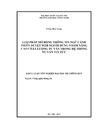 Khóa luận Giải pháp mở rộng thông tin ngữ cảnh phiên duyệt web người dùng nhằm nâng cao chất lượng tư vấn trong hệ thống tư vấn tin tức