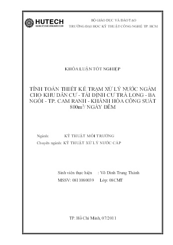 Khóa luận Tính toán thiết kế trạm xử lý nước ngầm cho khu dân cư - Tái định cư Trà Long - Ba Ngòi - Thành phố Hồ Chí Minh - Khánh Hòa công suất 800m³/ngày đêm