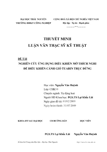 Luận văn Nghiên cứu ứng dụng điều khiển mờ thích nghi để điều khiển cánh gió tuabin trục đứng