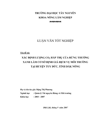 Luận văn Xác định lượng CO₂ hấp thụ của rừng thường xanh làm cơ sở đánh giá dịch vụ môi trường tại huyện Tuy Đức, tỉnh Đăk Nông