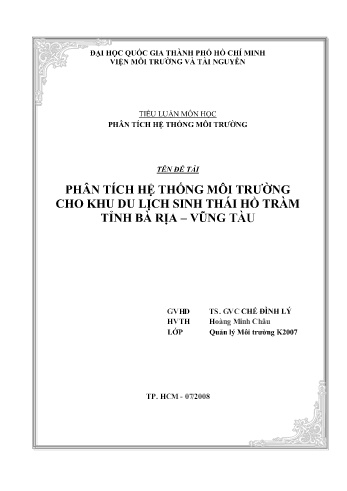 Tiểu luận Phân tích hệ thống môi trường cho khu du lịch sinh thái Hồ Tràm tỉnh Bà Rịa - Vũng Tàu